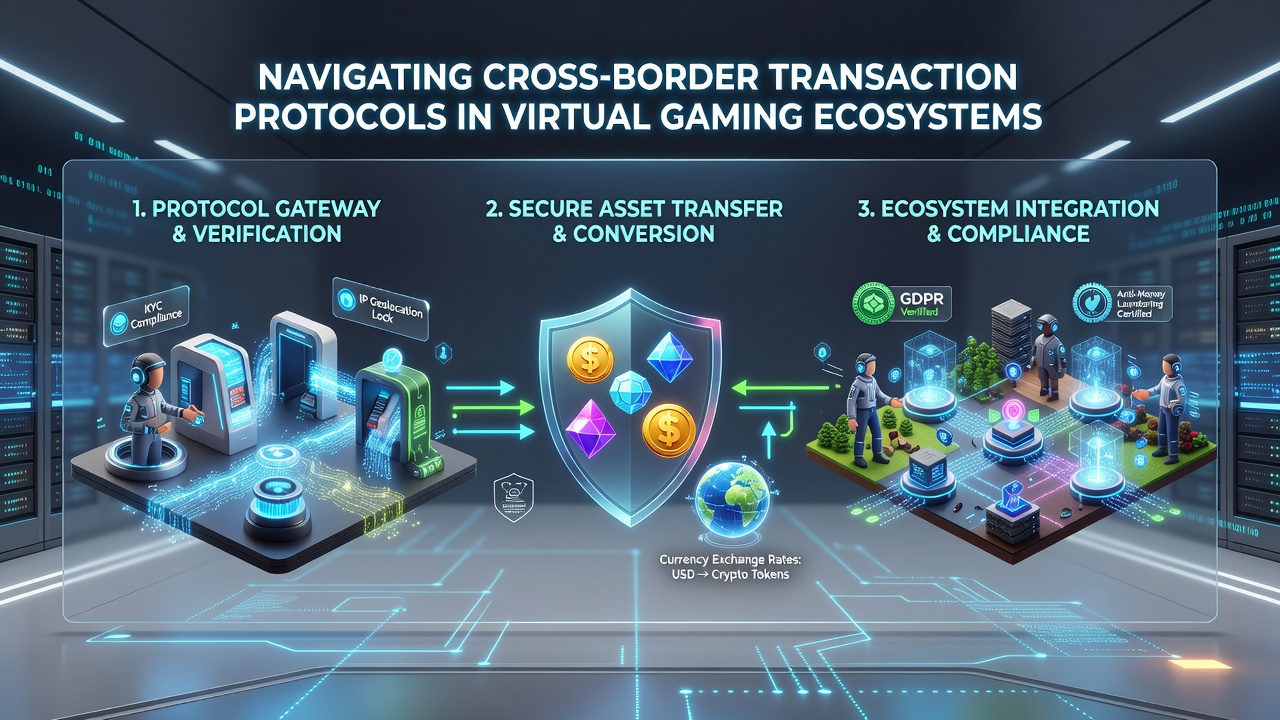Diagram showing secure data flows between virtual game servers payment processors and regulatory databases across different countries